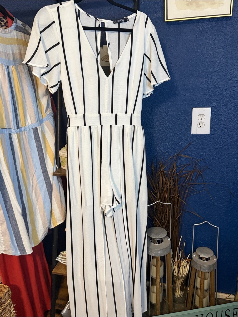 Casual Stripe V-Neck shorts romper by - White with Black Stripes